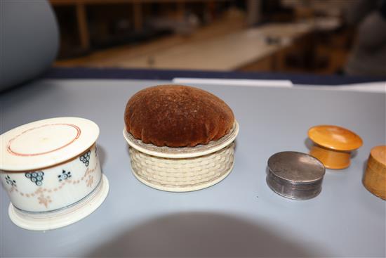 Six 19th / early 20th century ivory drum shaped sewing boxes and three other small boxes,